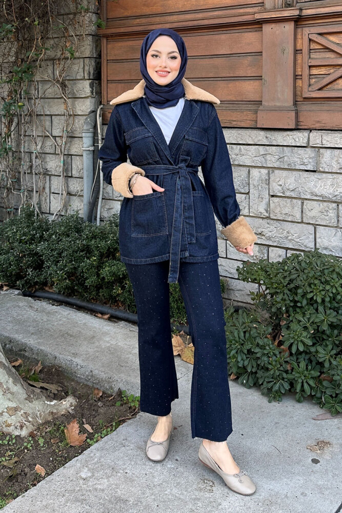 Kürklü Denim Ceket - Lacivert - HENZA (0)