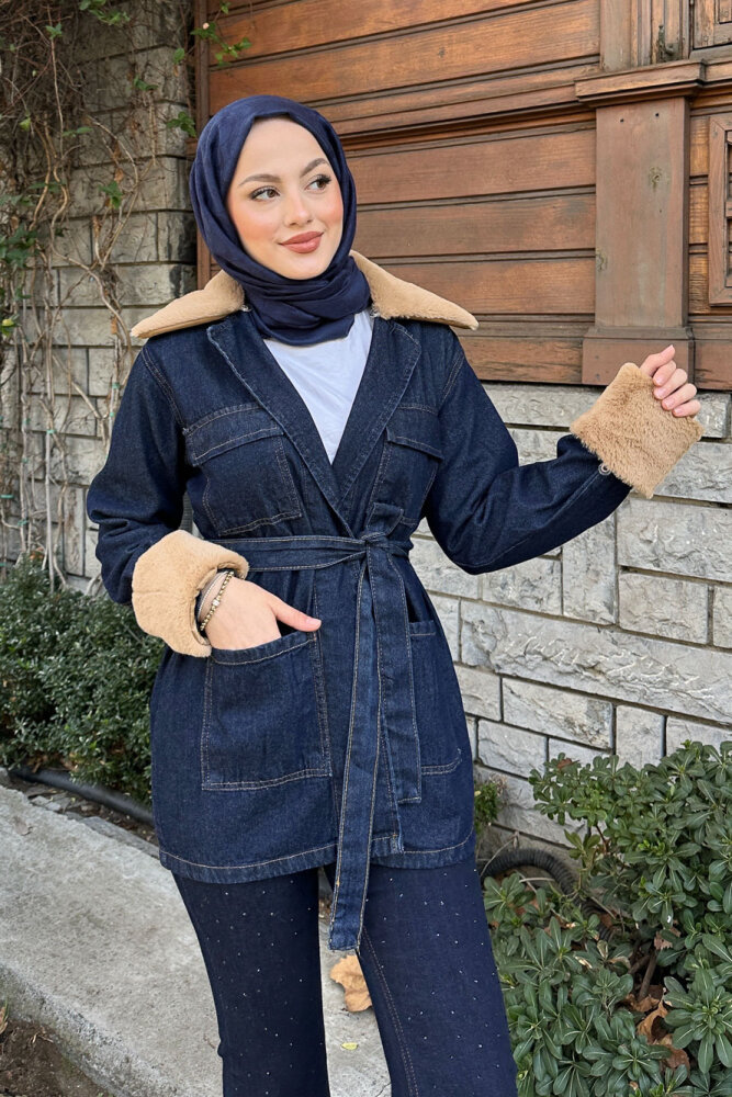 Kürklü Denim Ceket - Lacivert - 2