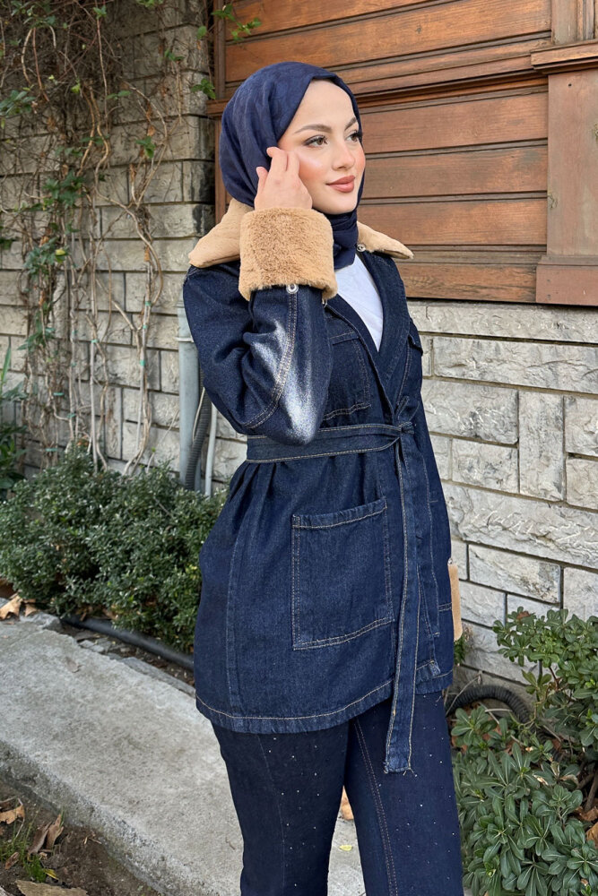 Kürklü Denim Ceket - Lacivert - HENZA (4)