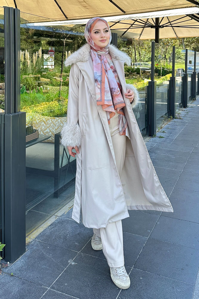 Kürklü Deri Trençkot - Bej - HENZA (2)