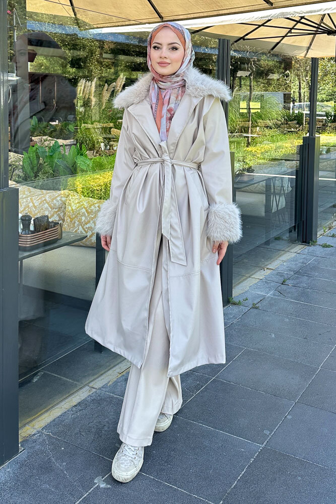 Kürklü Deri Trençkot - Bej - HENZA (4)