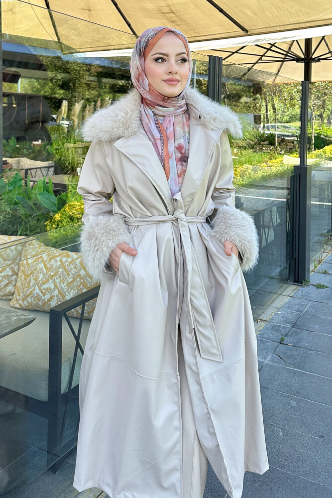 Kürklü Deri Trençkot - Bej - HENZA (1)