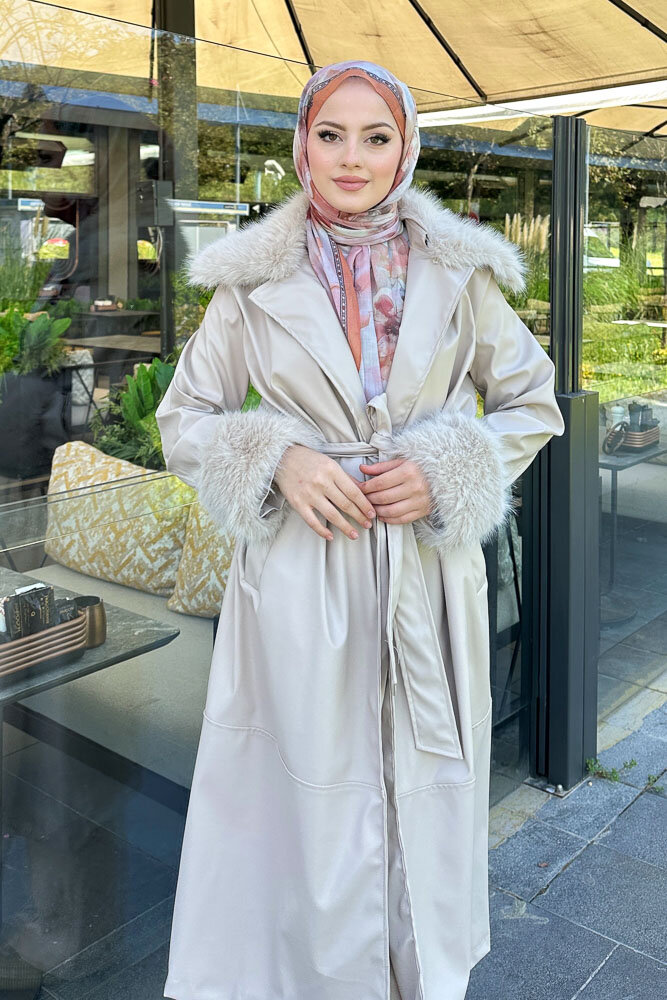 Kürklü Deri Trençkot - Bej - 6