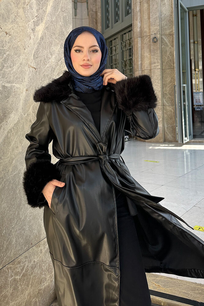 Kürklü Deri Trençkot - Siyah - 1