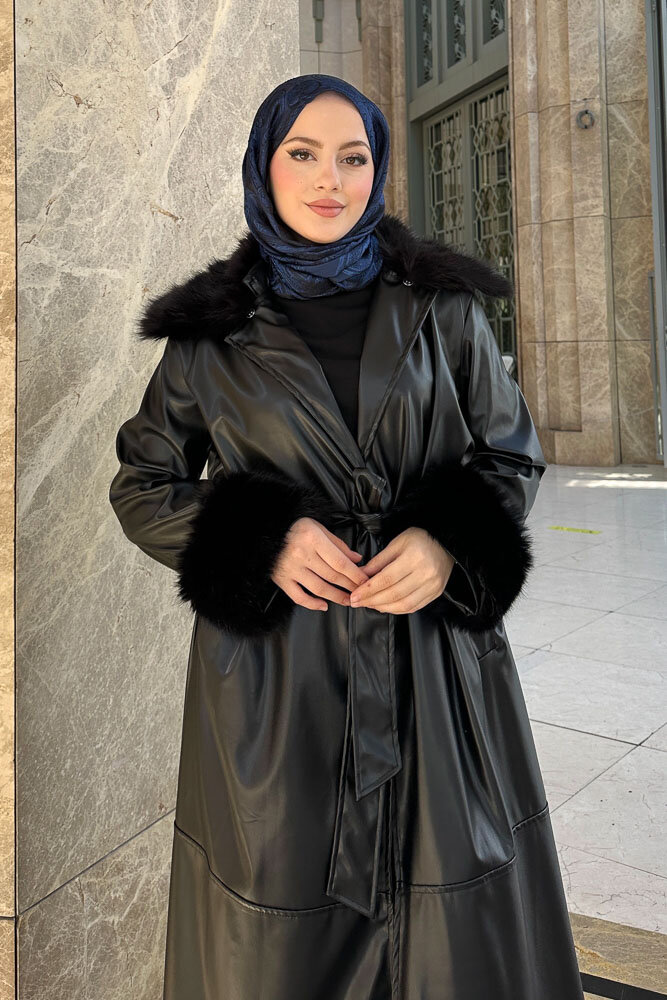Kürklü Deri Trençkot - Siyah - 5