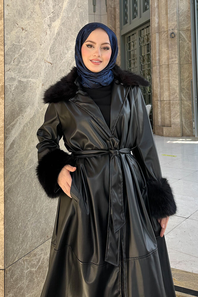 Kürklü Deri Trençkot - Siyah - 7