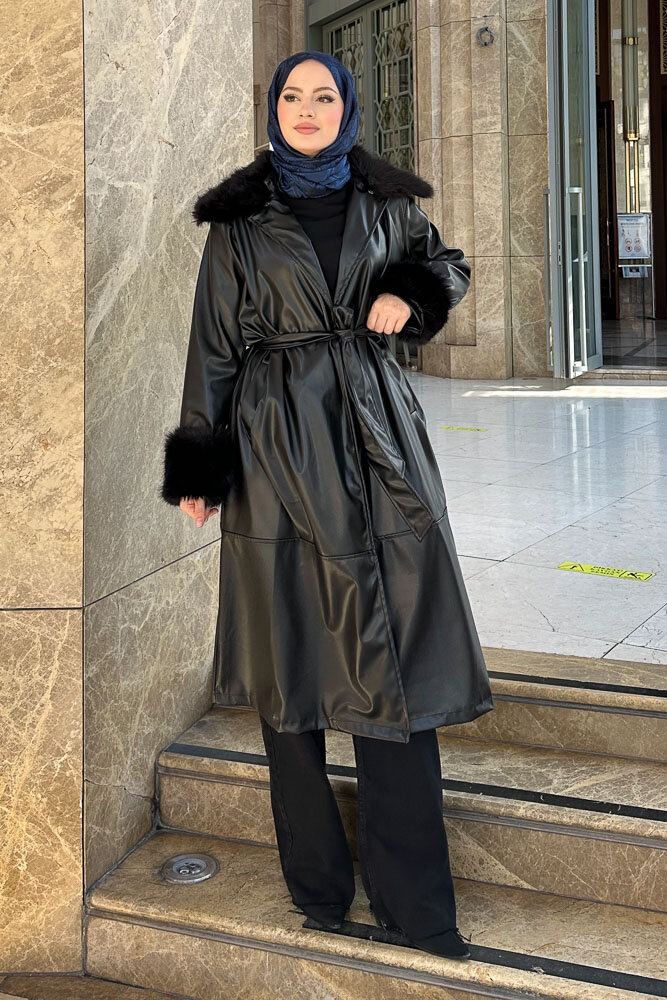 Kürklü Deri Trençkot - Siyah - 2