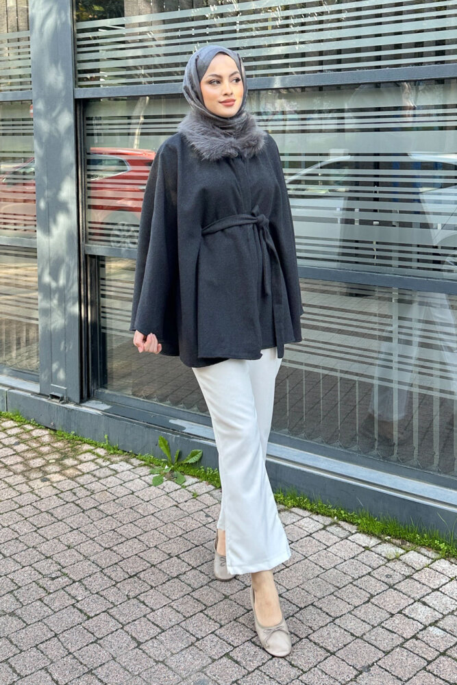 Kürklü Yaka Panço - Antrasit - HENZA (4)