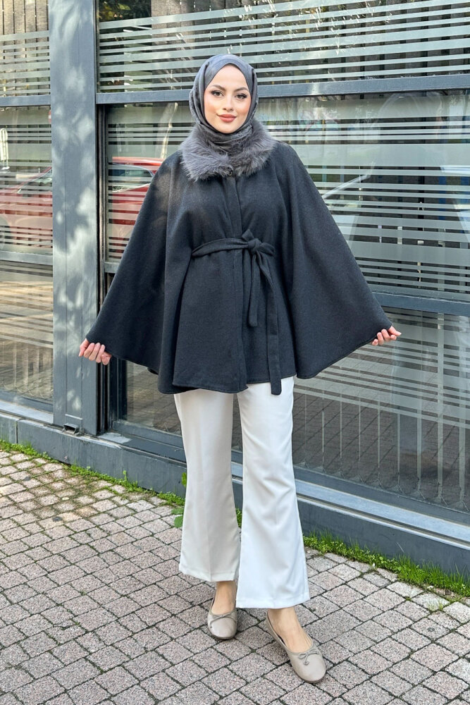 Kürklü Yaka Panço - Antrasit - 2