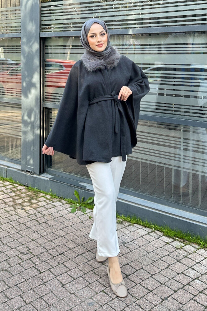 Kürklü Yaka Panço - Antrasit - 7
