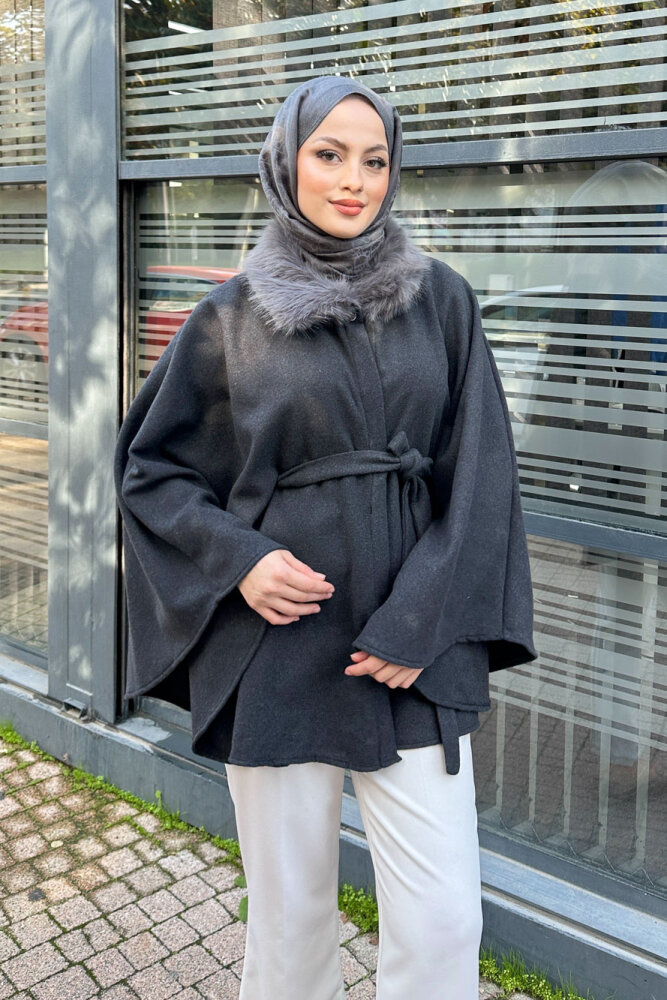 Kürklü Yaka Panço - Antrasit - 1