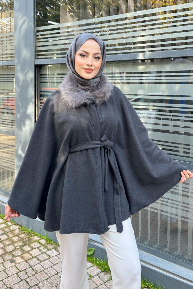 Kürklü Yaka Panço - Antrasit - HENZA (3)
