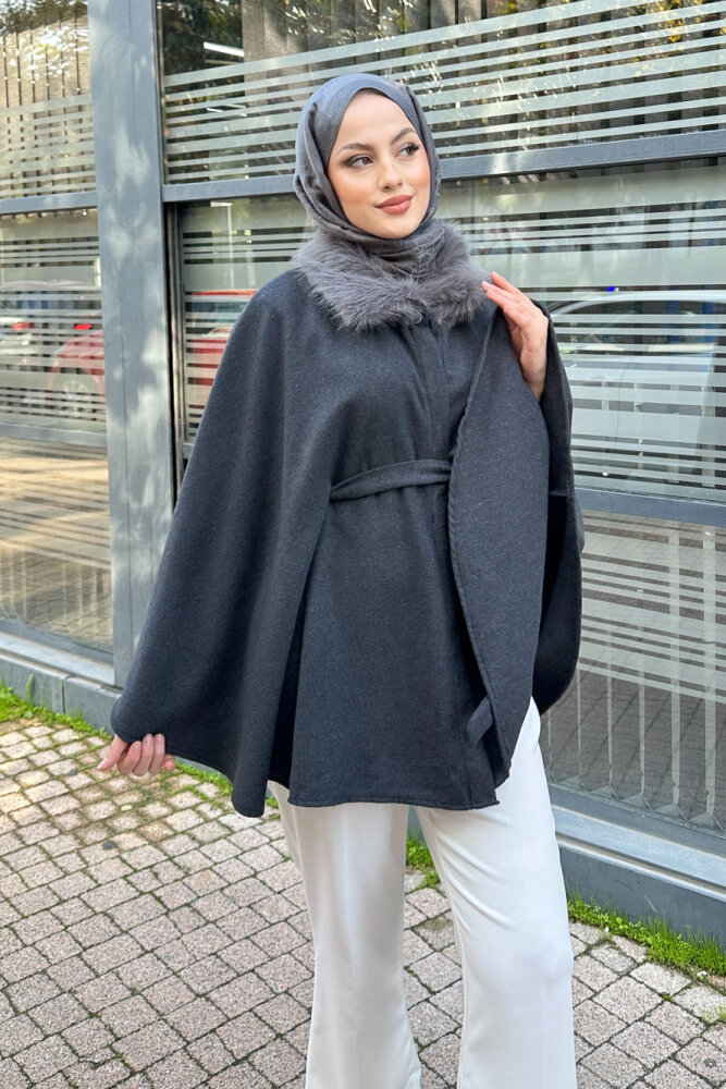 Kürklü Yaka Panço - Antrasit - 6