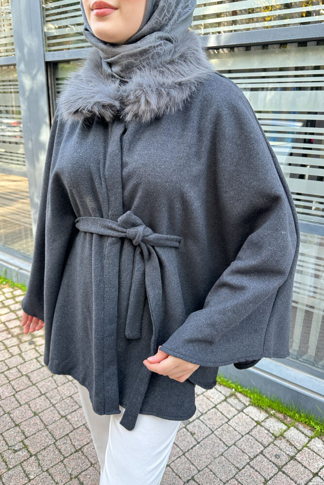 Kürklü Yaka Panço - Antrasit - 3