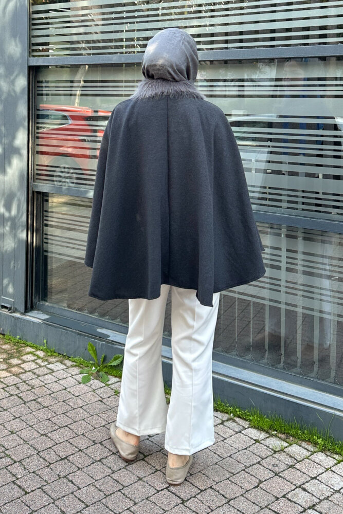 Kürklü Yaka Panço - Antrasit - 8