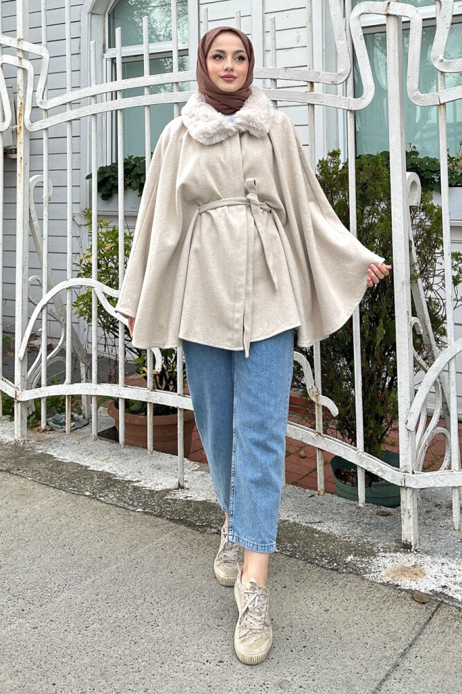 Kürklü Yaka Panço - Bej - 1