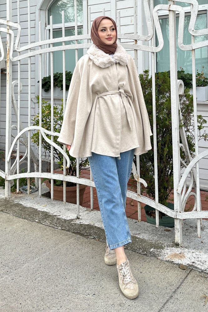 Kürklü Yaka Panço - Bej - 4