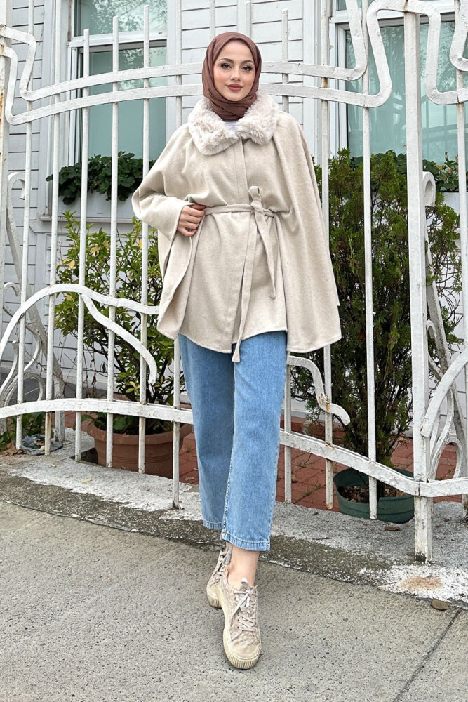 Kürklü Yaka Panço - Bej - HENZA (4)