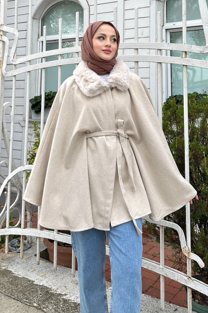 Kürklü Yaka Panço - Bej - 2