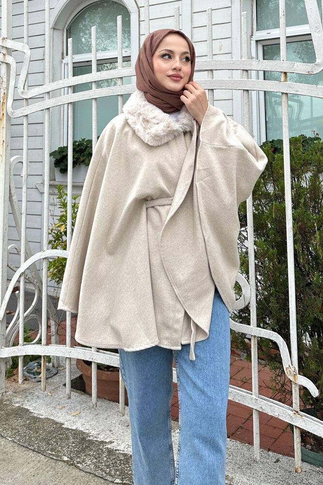 Kürklü Yaka Panço - Bej - 6