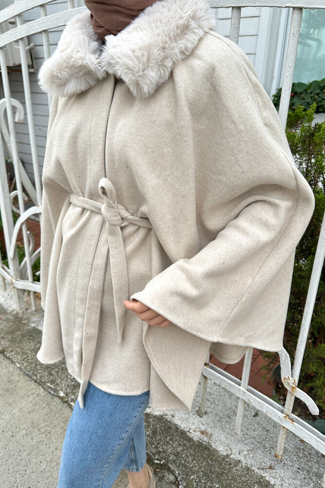 Kürklü Yaka Panço - Bej - HENZA (2)