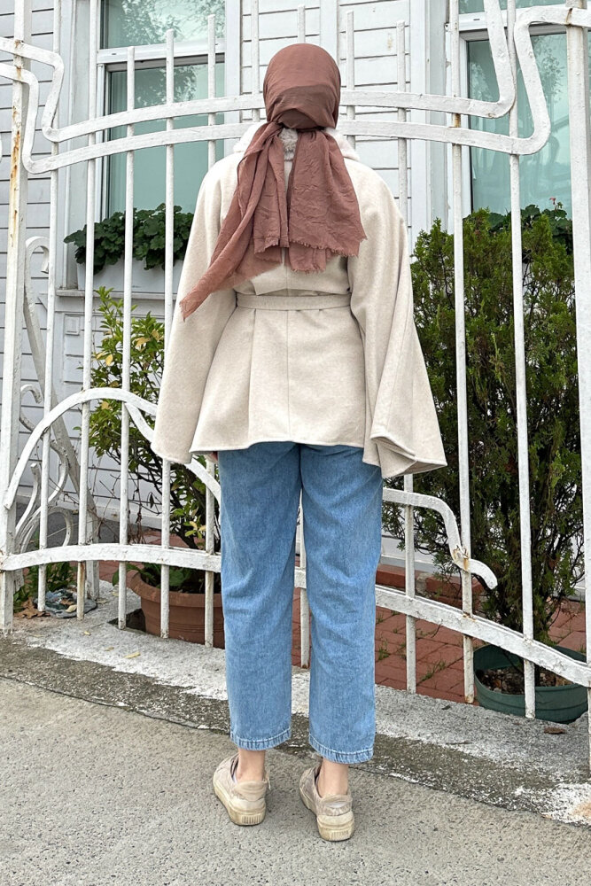 Kürklü Yaka Panço - Bej - 8