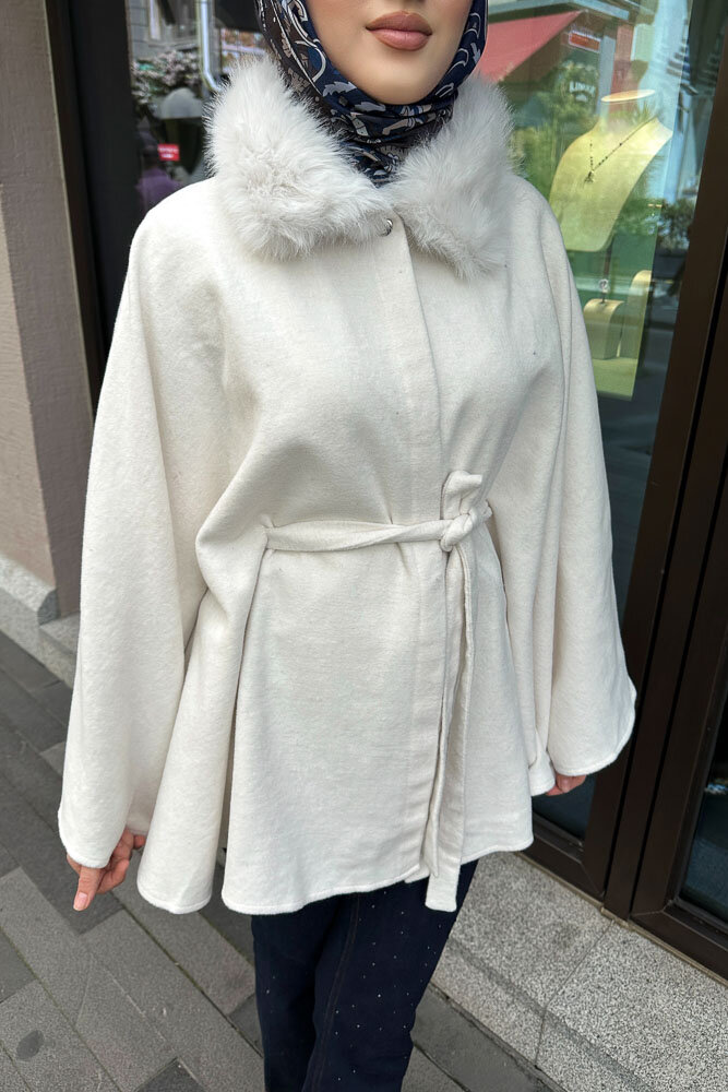 Kürklü Yaka Panço - Ekru - HENZA (3)