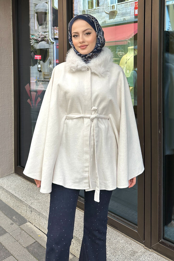 Kürklü Yaka Panço - Ekru - HENZA (5)