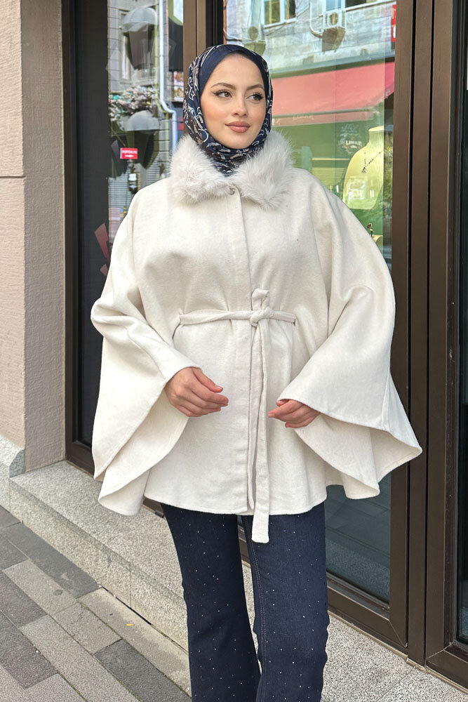 Kürklü Yaka Panço - Ekru - 3