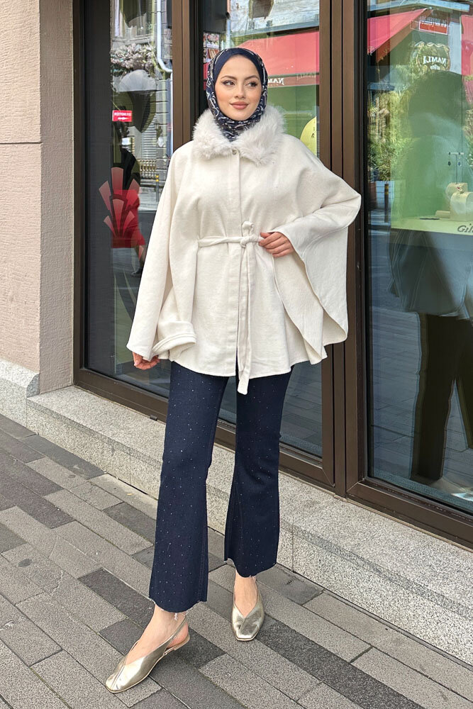 Kürklü Yaka Panço - Ekru - 7
