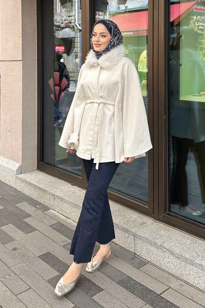Kürklü Yaka Panço - Ekru - HENZA (4)