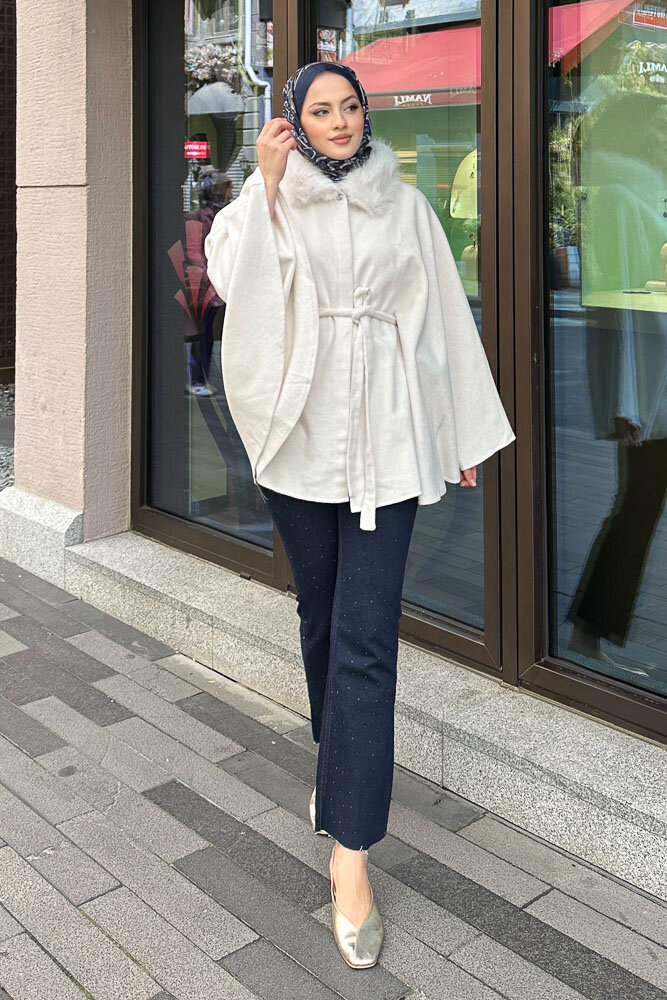 Kürklü Yaka Panço - Ekru - 2