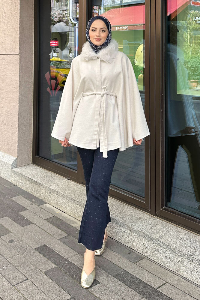 Kürklü Yaka Panço - Ekru - HENZA (0)