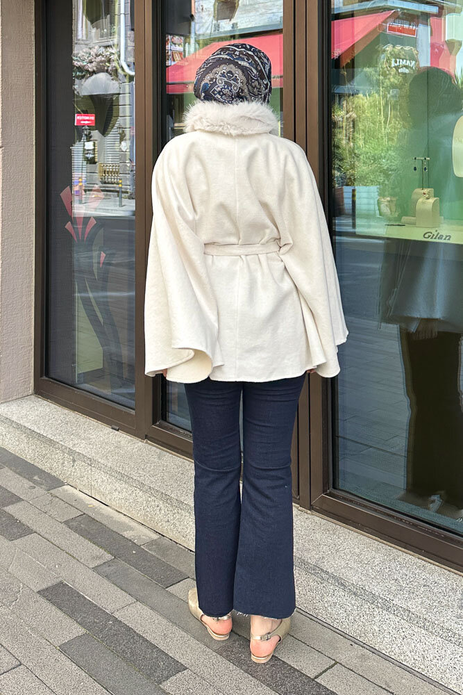 Kürklü Yaka Panço - Ekru - 8