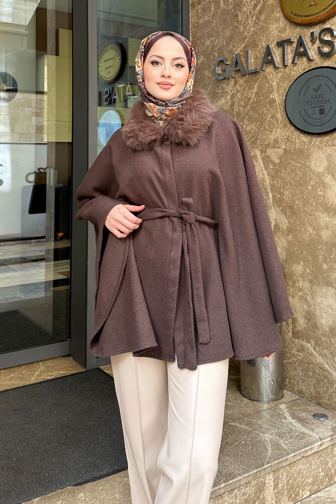 Kürklü Yaka Panço - Kahverengi - 7