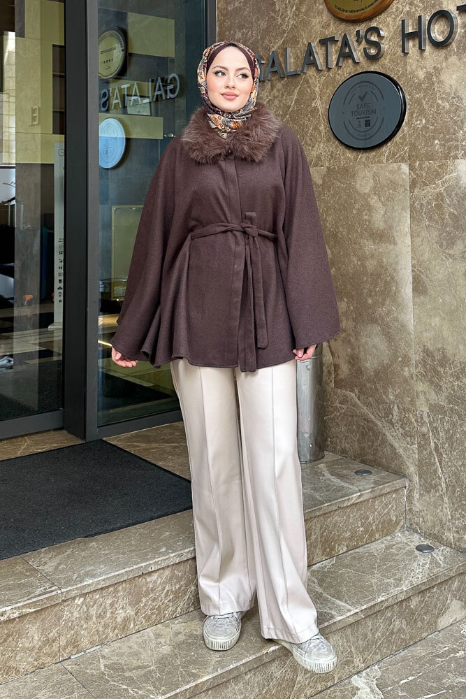 Kürklü Yaka Panço - Kahverengi - 6