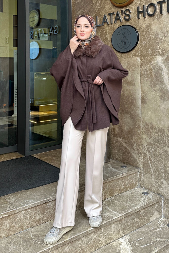 Kürklü Yaka Panço - Kahverengi - 3