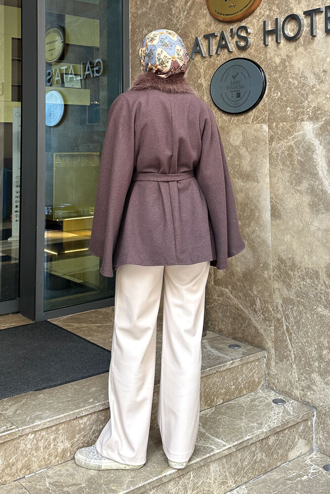 Kürklü Yaka Panço - Kahverengi - 8