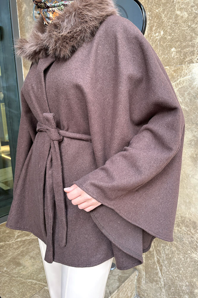 Kürklü Yaka Panço - Kahverengi - 4