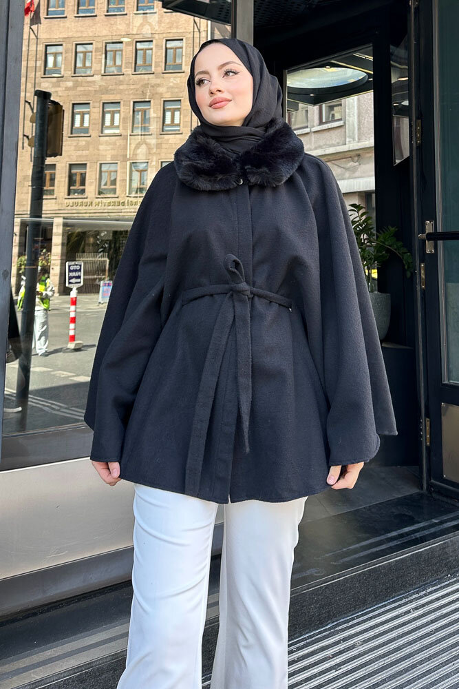 Kürklü Yaka Panço - Siyah - HENZA (5)