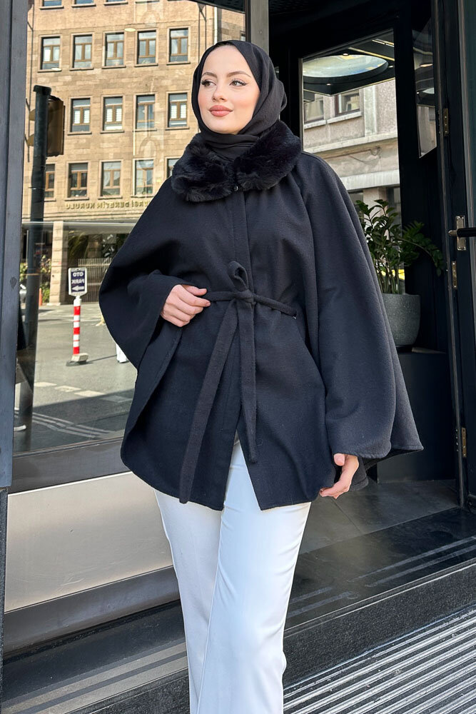 Kürklü Yaka Panço - Siyah - HENZA (2)