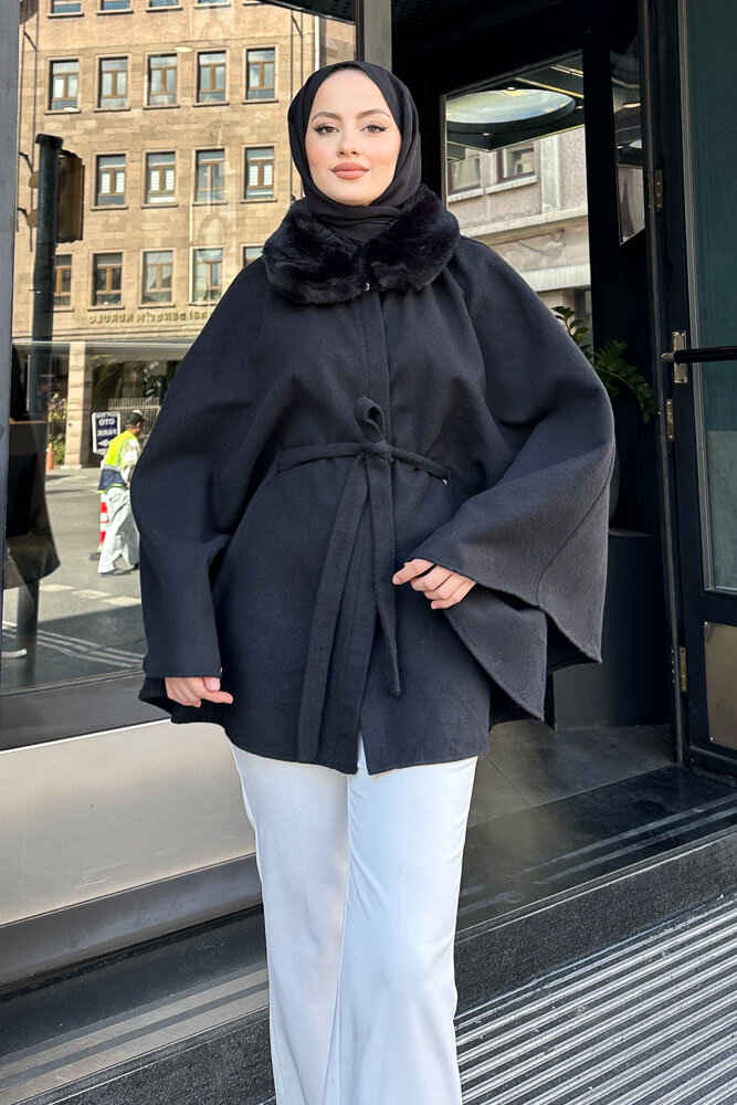 Kürklü Yaka Panço - Siyah - 8