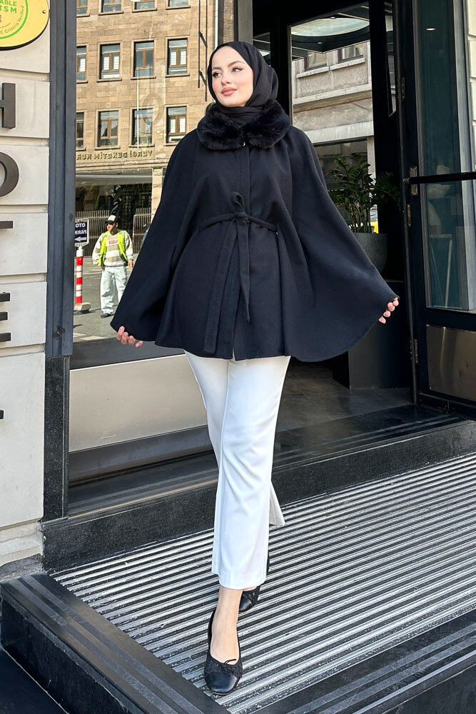 Kürklü Yaka Panço - Siyah - HENZA (0)