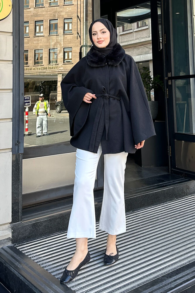 Kürklü Yaka Panço - Siyah - 5