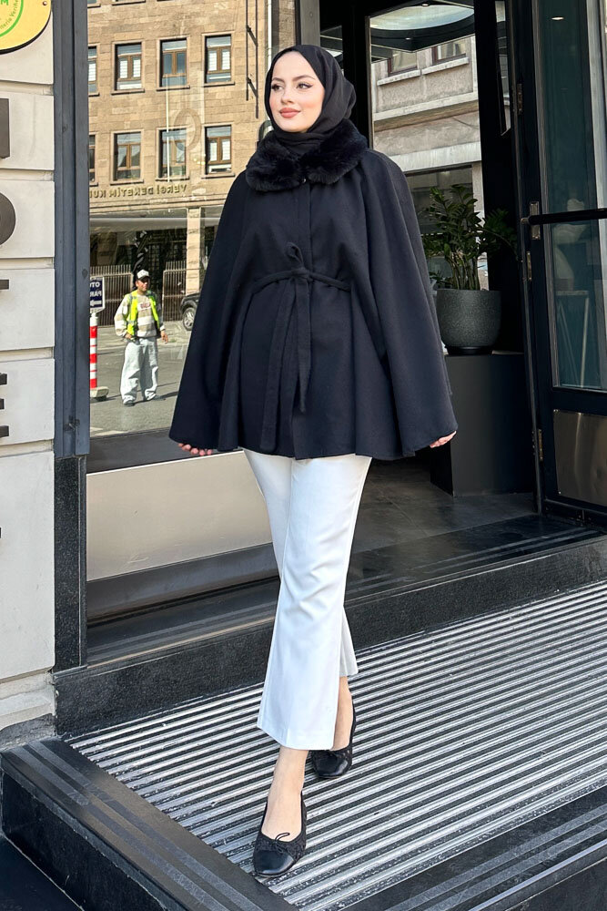 Kürklü Yaka Panço - Siyah - HENZA (1)