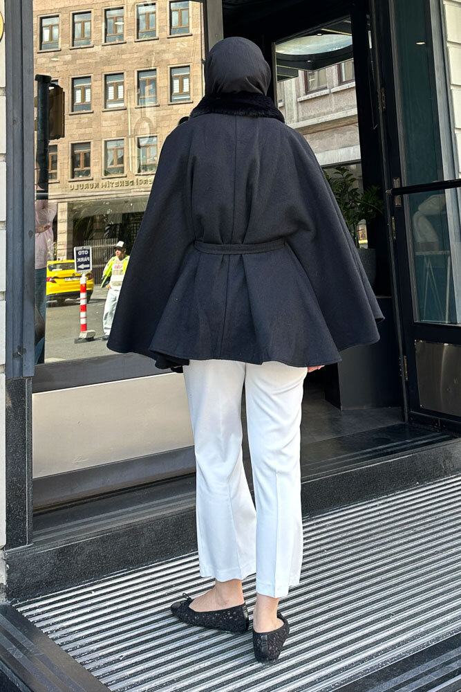 Kürklü Yaka Panço - Siyah - 7