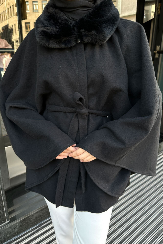 Kürklü Yaka Panço - Siyah - 4