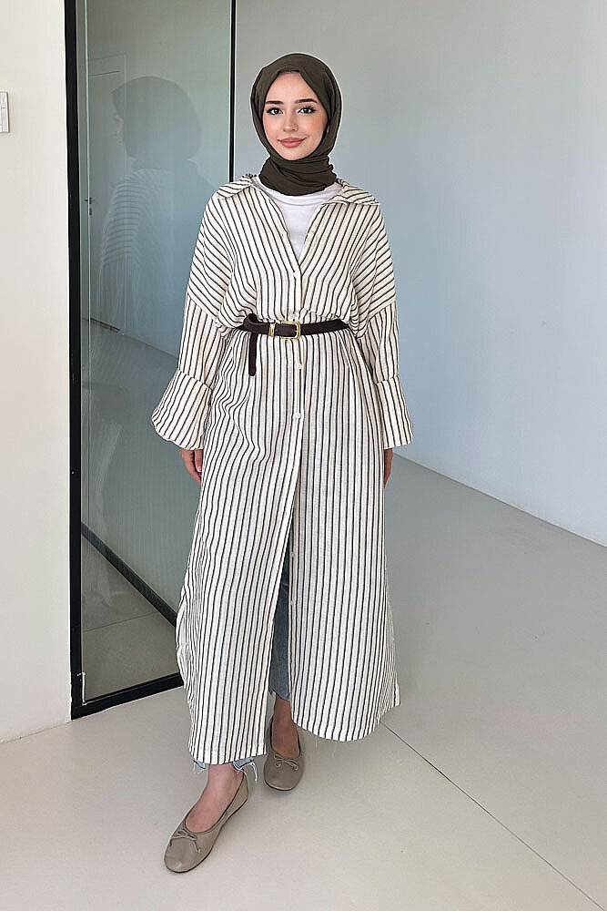 Lal Çizgili Oversize Keten - Haki - 3