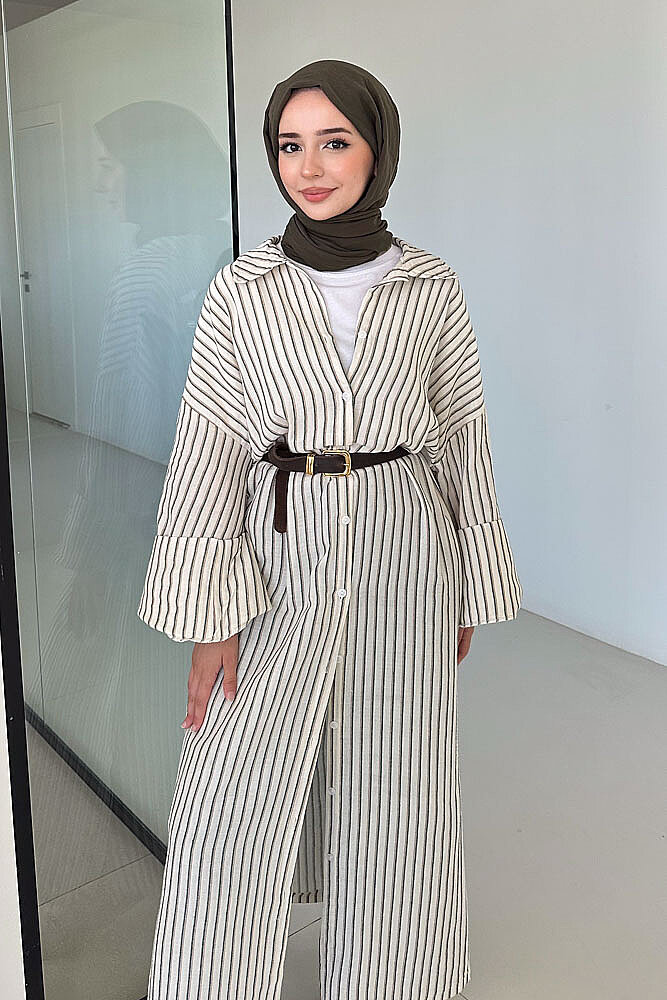 Lal Çizgili Oversize Keten - Haki - ALLMİSS (1)