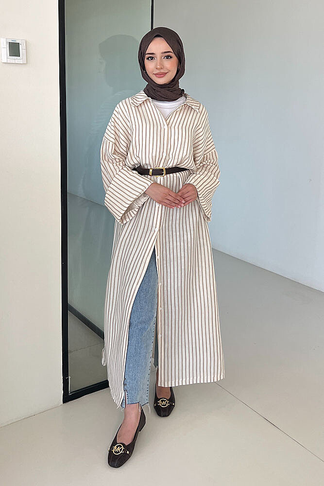 Lal Çizgili Oversize Keten - Kahverengi - ALLMİSS (1)